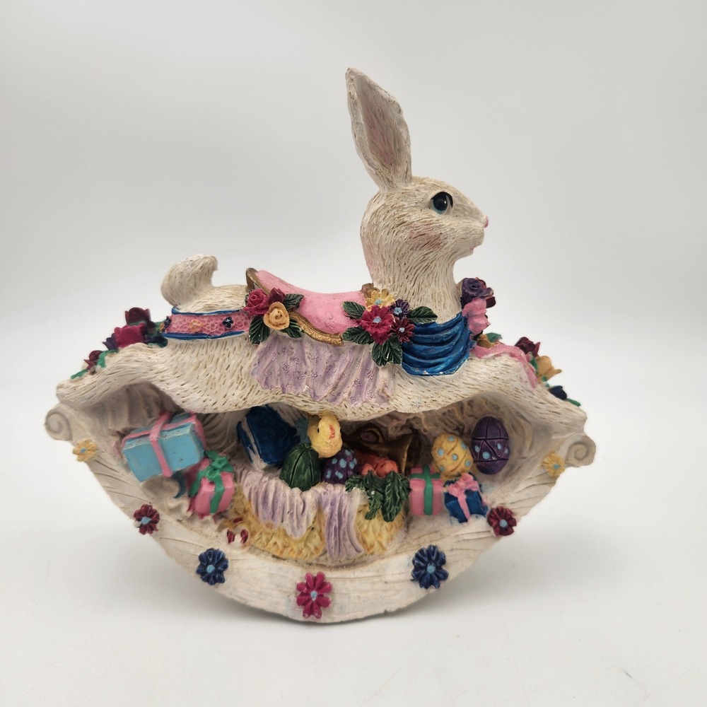 Vintage Style Rocking Easter Bunny Rabbit Figurine Floral Resin Spring Decor - Picture 1 of 7